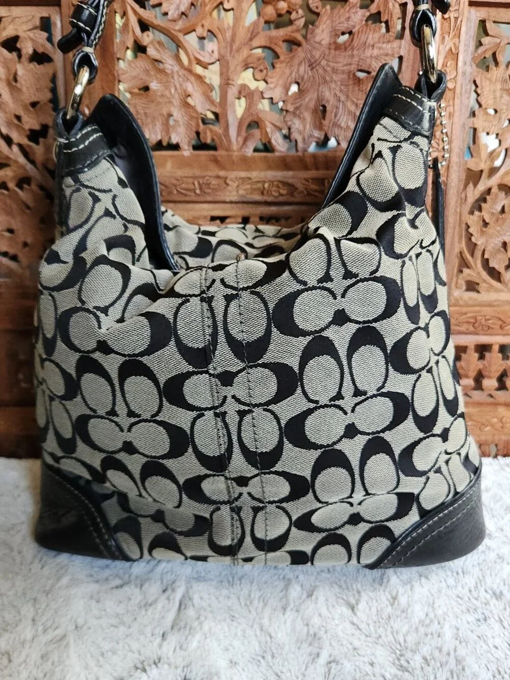Coach Legacy Chelsea Hobo in Black/Gray Canvas with Creme Top Stitching 10982